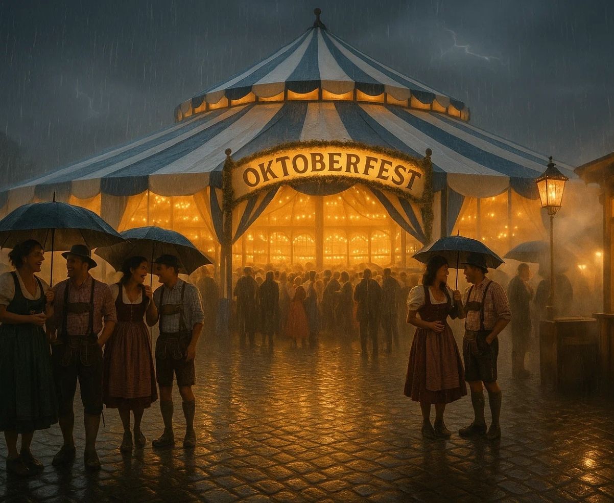 Oktoberfest beer tent scene during rain with people taking shelter together