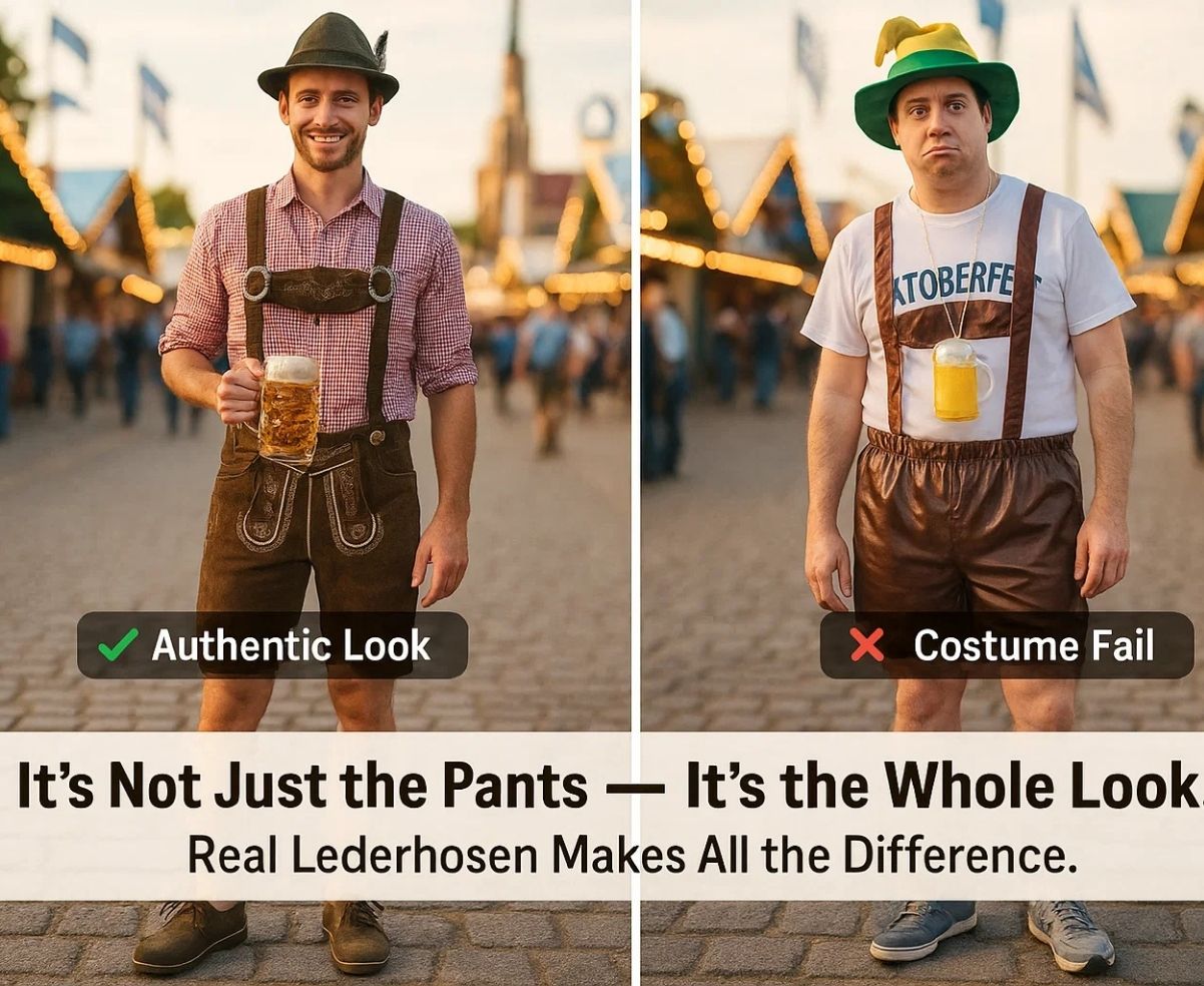 Man in real lederhosen vs man in Oktoberfest costume surrounded by people in beer tent