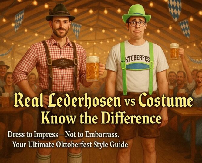 Comparison of authentic lederhosen outfit vs cheap costume version with props