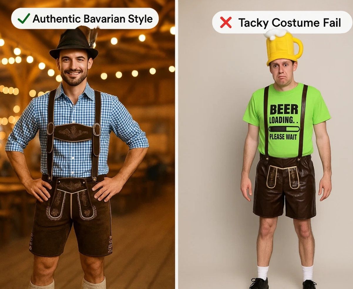 Side-by-side comparison of authentic lederhosen outfit and tacky costume fail