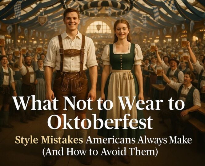 American couple wearing proper traditional outfits at Oktoberfest with festival tent behind