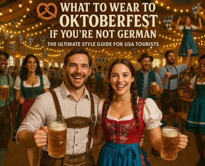 American tourists in traditional Bavarian outfits enjoying Oktoberfest celebration