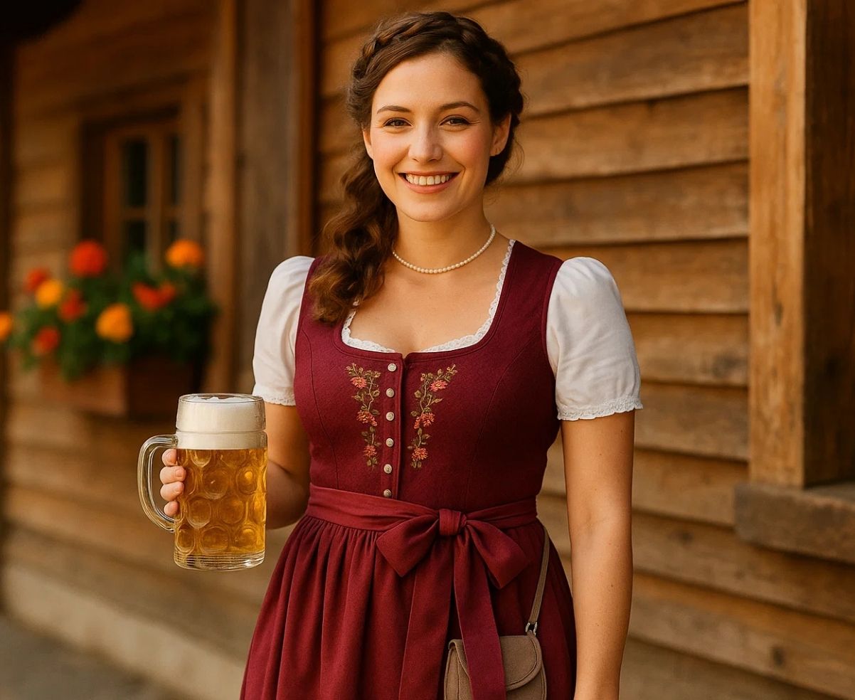 Smiling woman in red dirndl dress holding beer at Oktoberfest wooden chalet