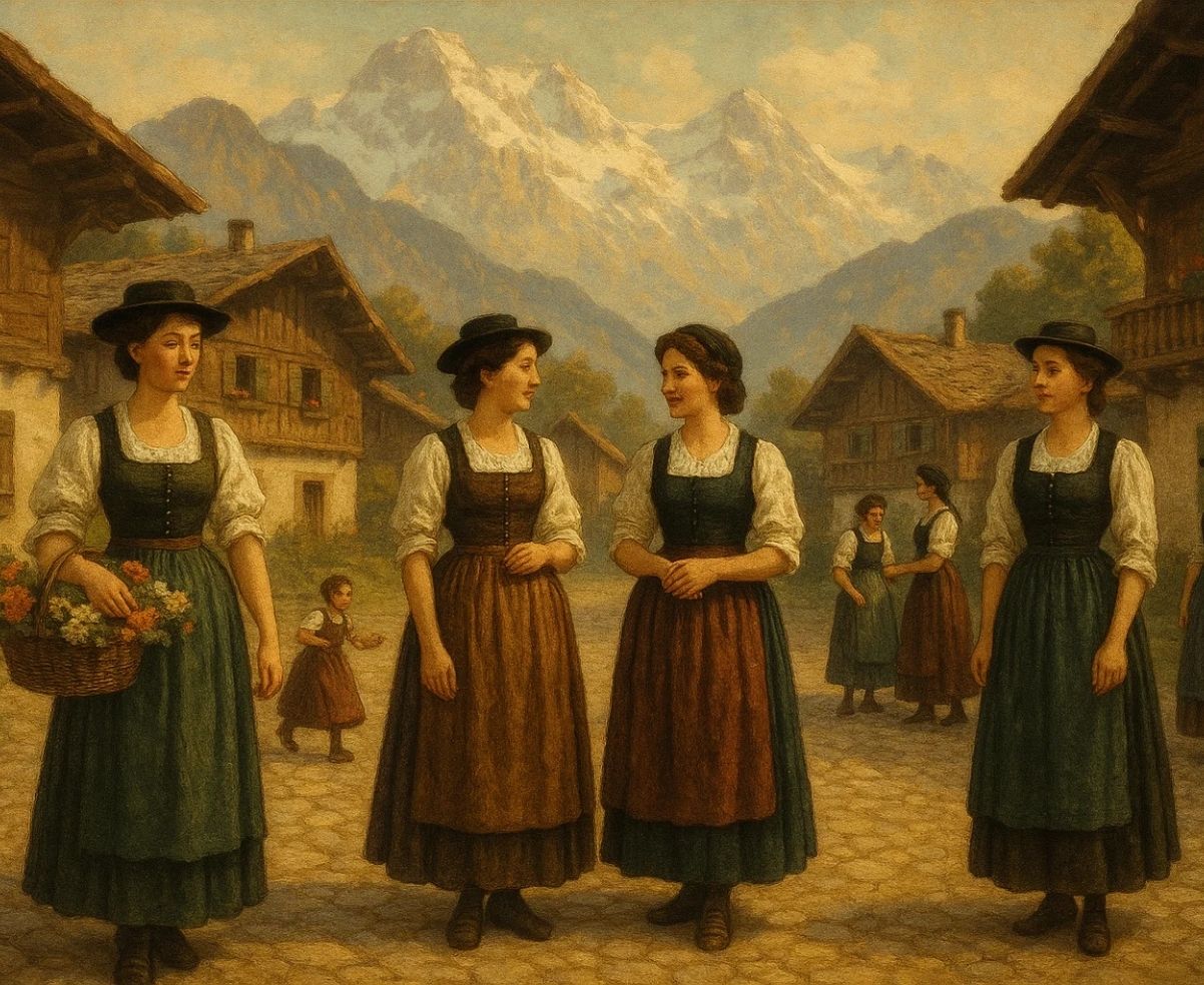 Vintage Bavarian women in traditional long dirndls in an Alpine village — history of Bavarian clothes for women.