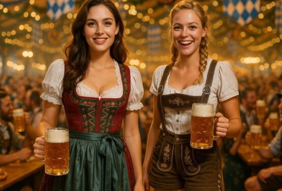 Women wearing dirndl and lederhosen at Oktoberfest beer tent — Bavarian clothes women love in the USA.