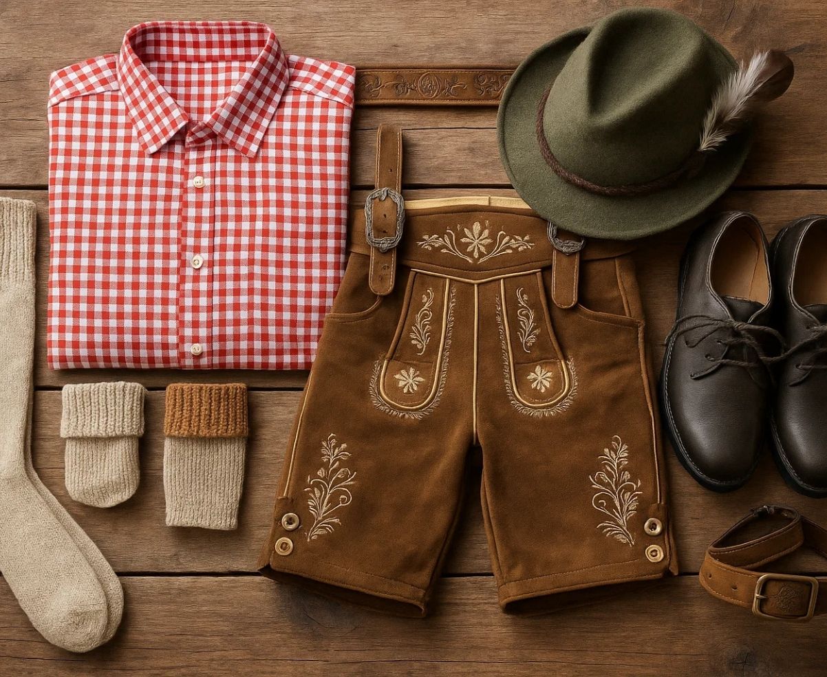 Traditional Bavarian lederhosen outfit flat lay with shirt, hat, socks, and shoes – complete Oktoberfest style guide.