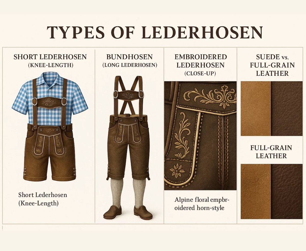 Infographic showing types of lederhosen for men – short, bundhosen, embroidered details, and suede vs full-grain leather