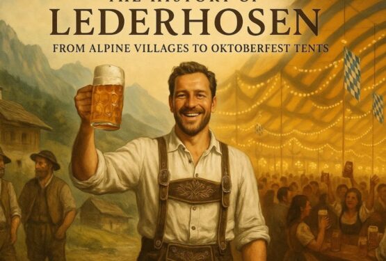 Smiling man wearing traditional embroidered lederhosen holding a beer stein, with Alpine village on one side and Oktoberfest tent on the other, symbolizing the history of lederhosen from villages to festivals.