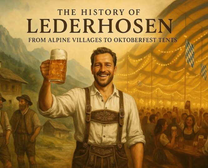 Smiling man wearing traditional embroidered lederhosen holding a beer stein, with Alpine village on one side and Oktoberfest tent on the other, symbolizing the history of lederhosen from villages to festivals.