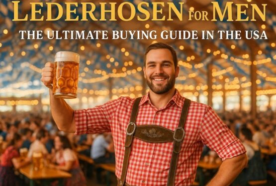 Hero banner for Lederhosen for Men – The Ultimate Buying Guide in the USA showing man in lederhosen at Oktoberfest