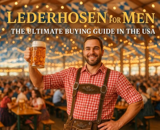 Hero banner for Lederhosen for Men – The Ultimate Buying Guide in the USA showing man in lederhosen at Oktoberfest