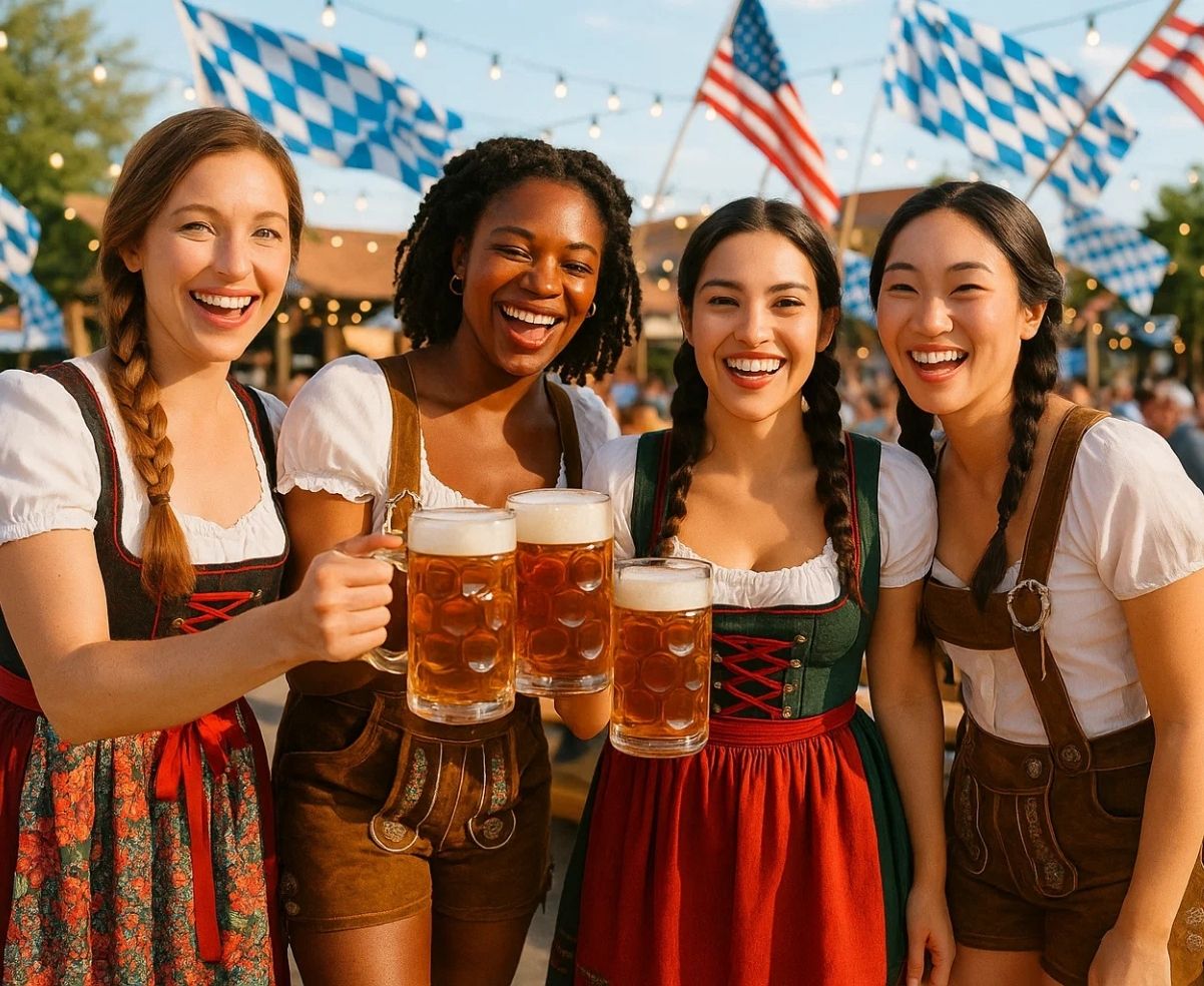 Diverse women wearing Bavarian clothes — dirndls and lederhosen — celebrating Oktoberfest in the USA.
