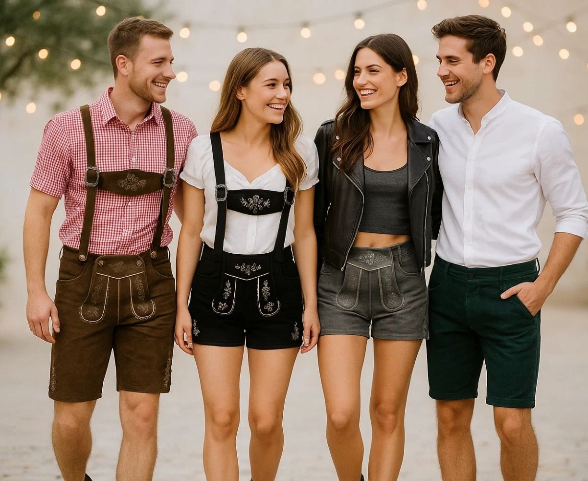 Young men and women in modern lederhosen styles – slim fit, embroidered, and colored versions.