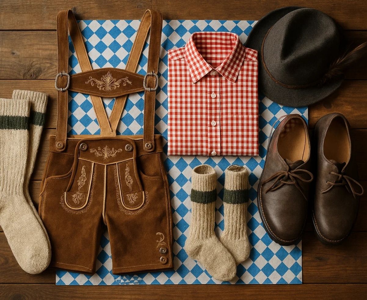 Flat lay of complete Bavarian men’s outfit with lederhosen, Bavarian shirt, socks, shoes, and Alpine hat”