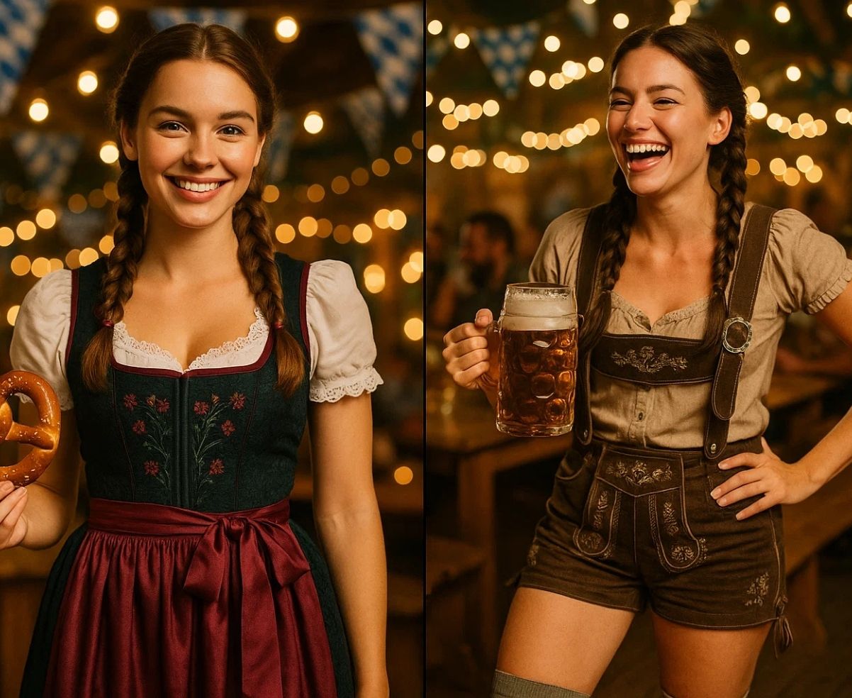 Comparison of dirndl and lederhosen outfits for women at Oktoberfest, showing traditional and modern Bavarian clothing.